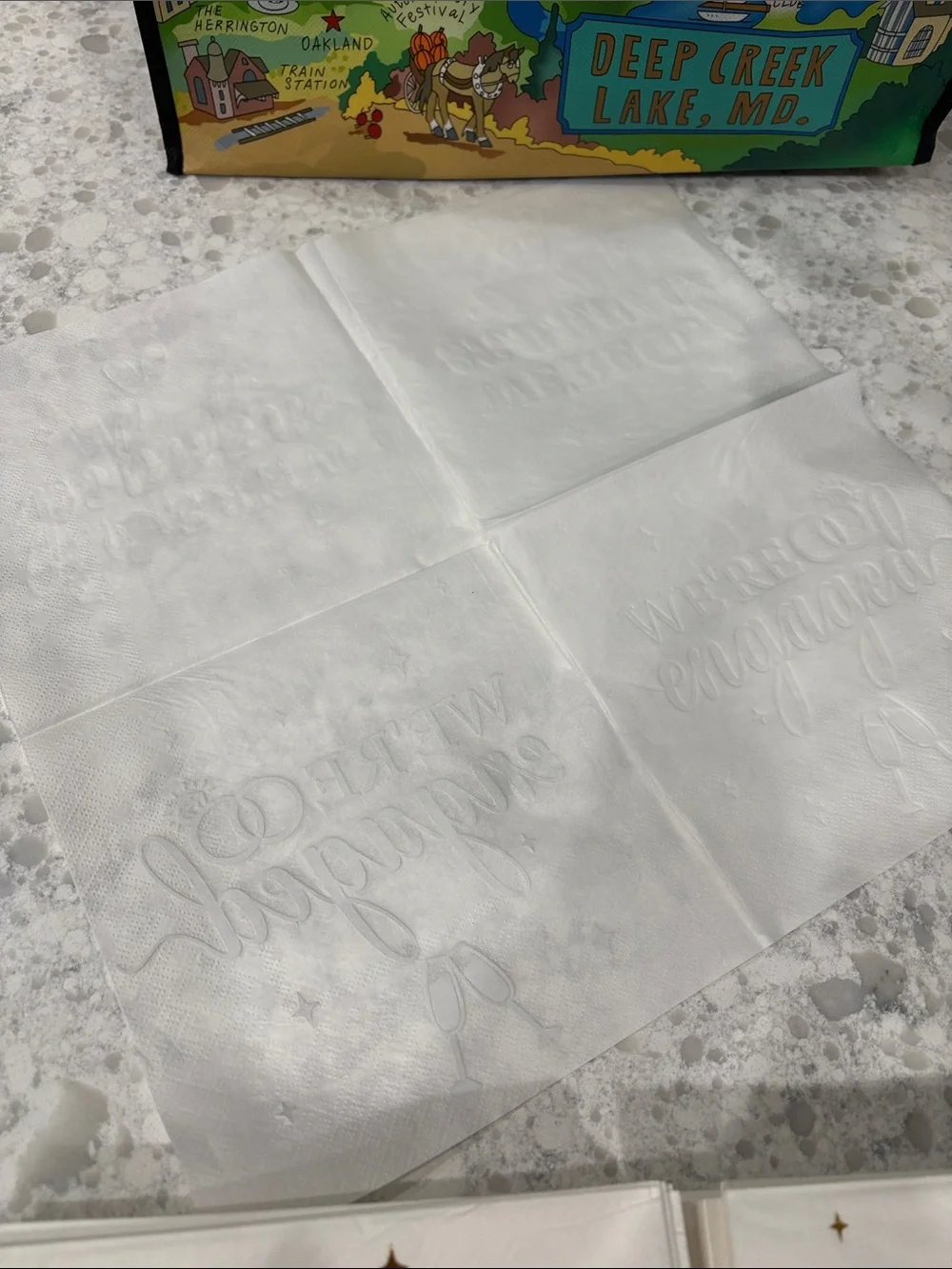 New set of 75 “We’re Engaged” gold foil print 6.5” x 6.5” white napkins 3-ply